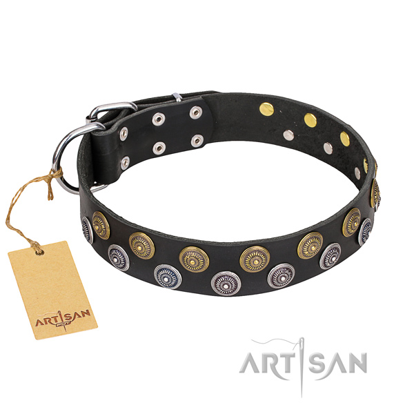 Walking natural genuine leather collar with decorations for your canine
