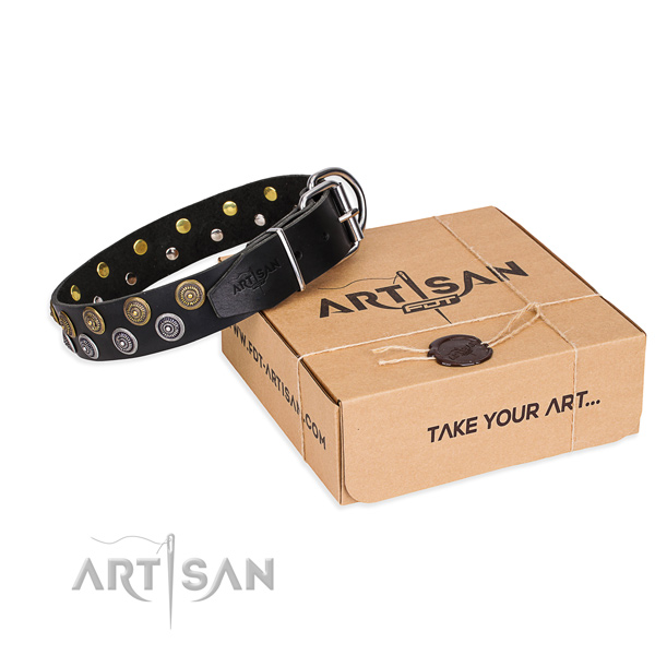 Genuine leather dog collar with decorations for everyday walking