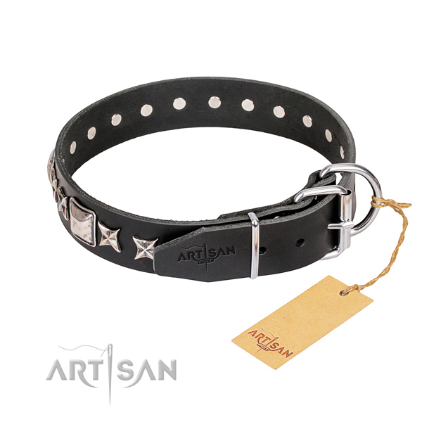 Everyday walking natural genuine leather collar with decorations for your dog