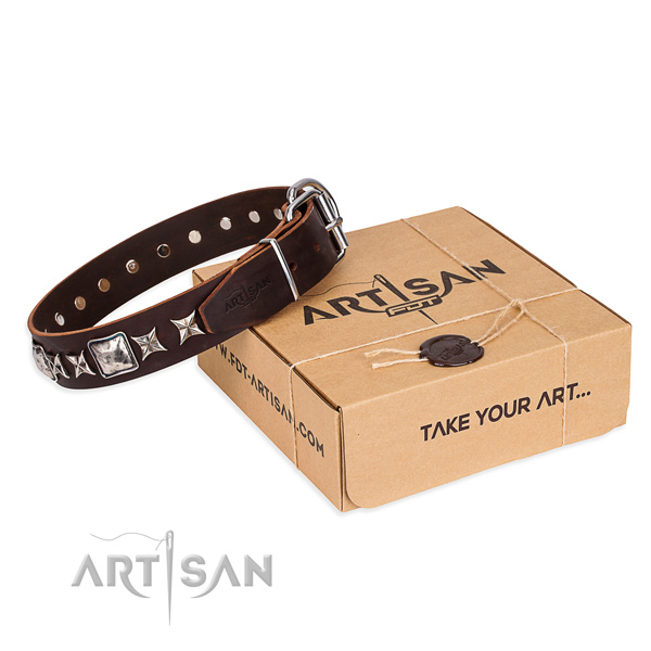 Decorated leather dog collar for handy use