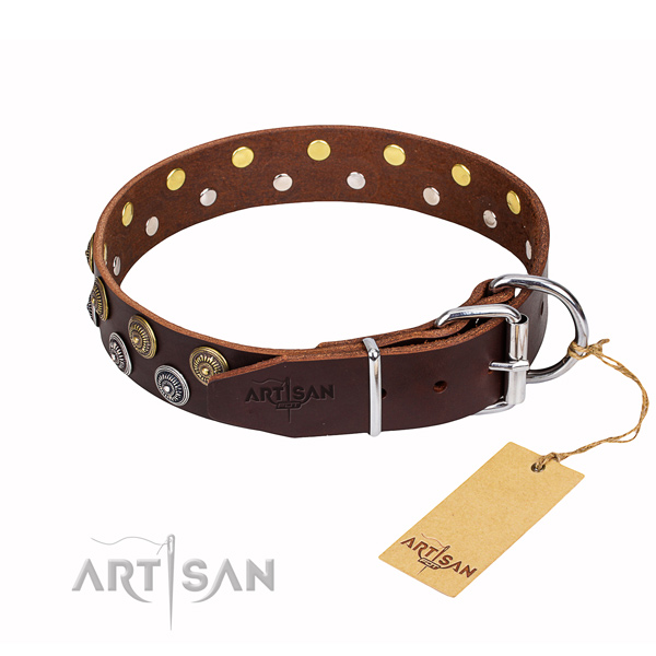 Everyday walking natural genuine leather collar with embellishments for your doggie
