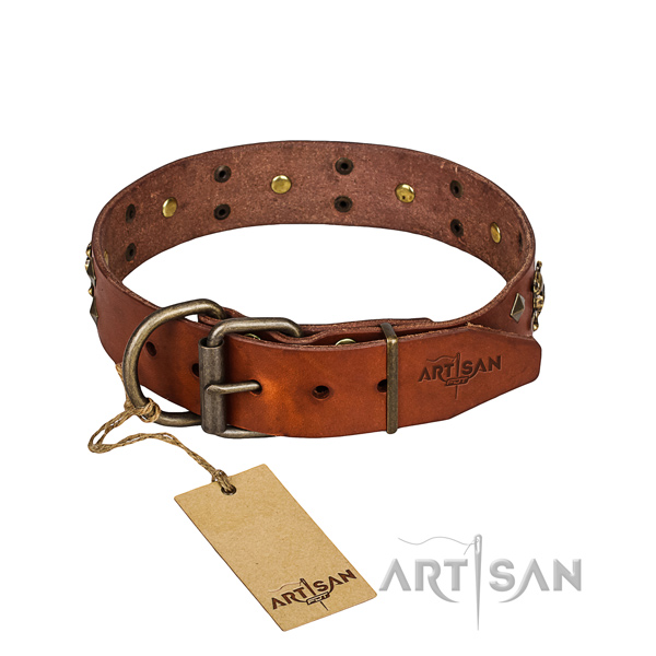 Long-wearing leather dog collar with rust-proof elements