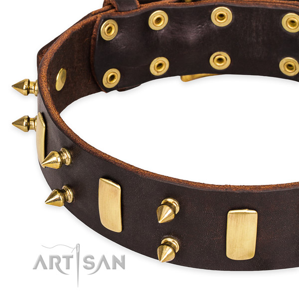 Easy to use leather dog collar with extra sturdy rust-proof hardware
