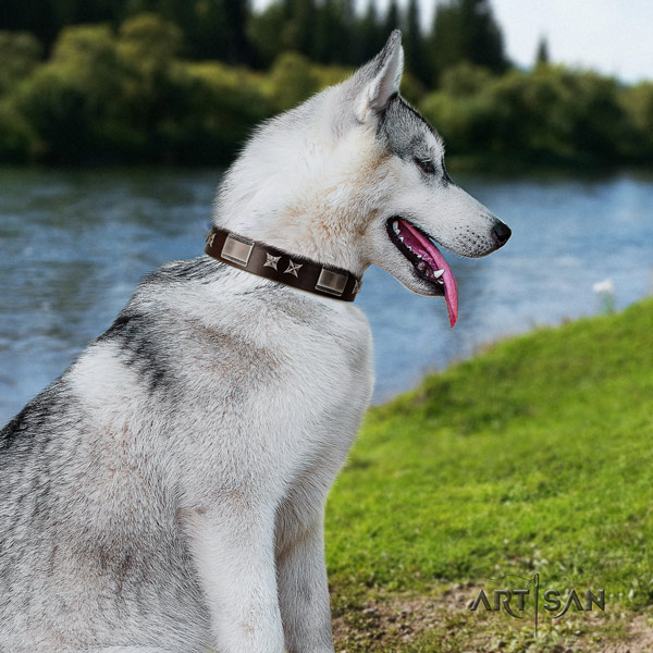 Siberian Husky trendy embellished leather dog collar for everyday walking