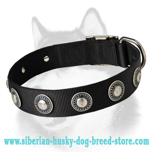 Nylon Dog Collar With Silver Conchos for Siberian Husky,Akita,Malamute