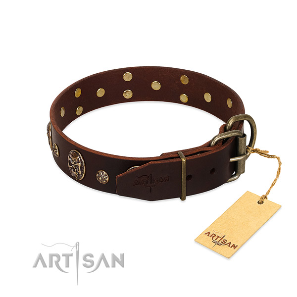 Rust-proof D-ring on genuine leather dog collar for your pet