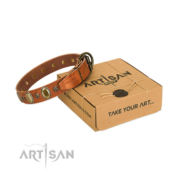 Handy use top notch full grain genuine leather dog collar with adornments
