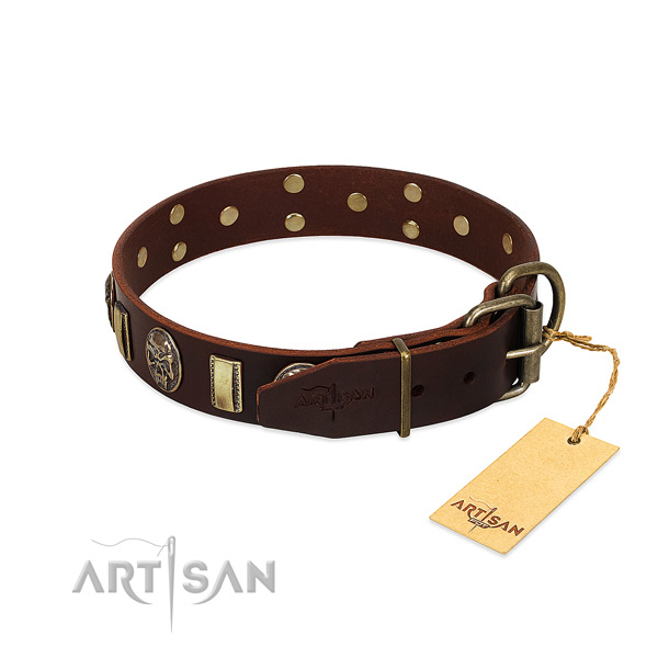Genuine leather dog collar with corrosion resistant traditional buckle and decorations