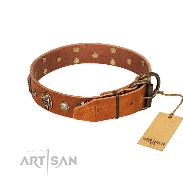 Rust-proof D-ring on natural genuine leather collar for basic training your doggie
