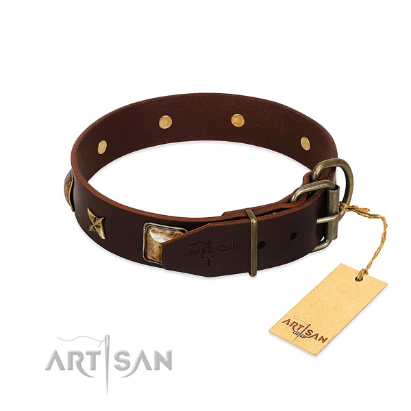 Genuine leather dog collar with corrosion proof hardware and decorations