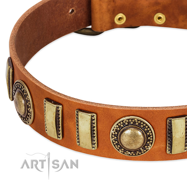 Soft to touch leather dog collar with corrosion proof buckle