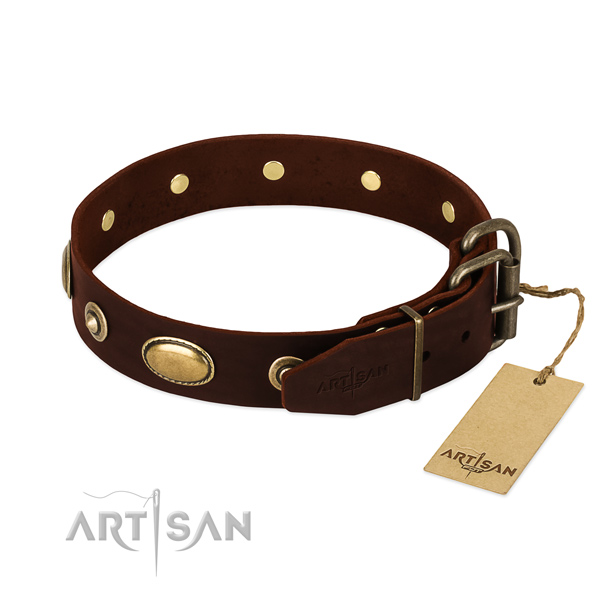 Reliable D-ring on natural leather dog collar for your dog