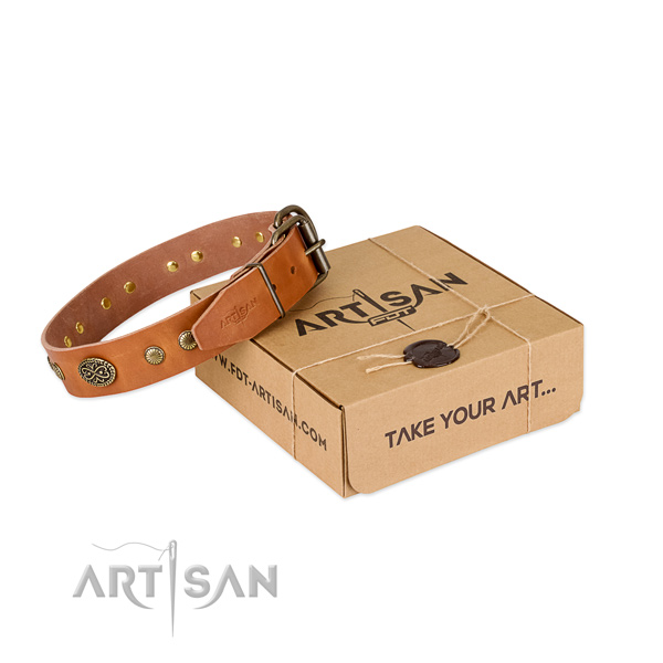 Rust resistant embellishments on full grain genuine leather dog collar for your dog