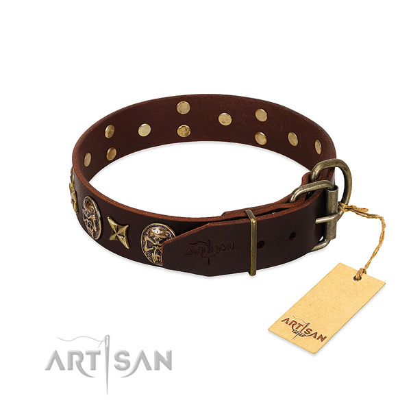 Genuine leather dog collar with rust-proof D-ring and decorations