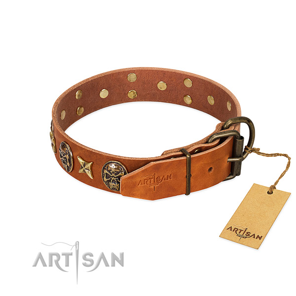 Genuine leather dog collar with corrosion proof traditional buckle and decorations