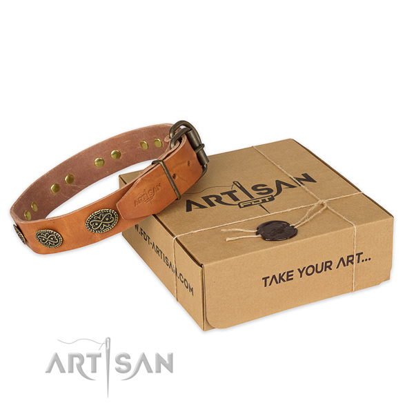 Rust-proof buckle on natural genuine leather collar for your beautiful doggie