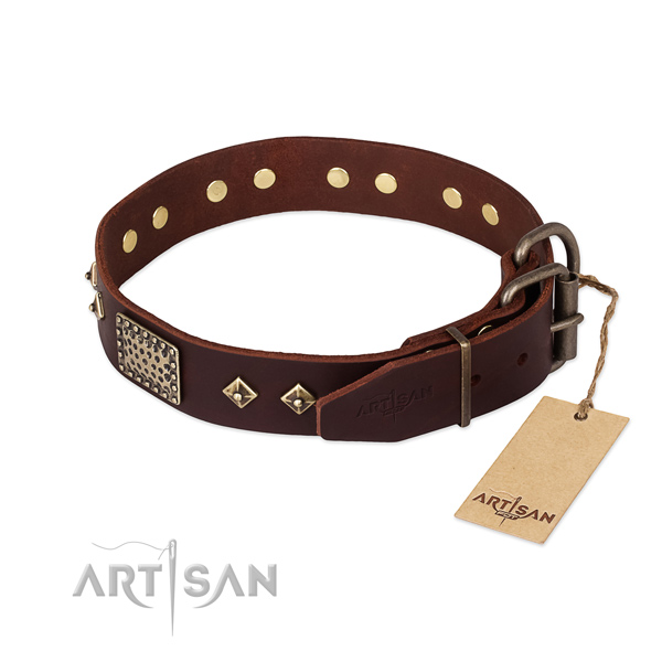Full grain genuine leather dog collar with corrosion proof buckle and decorations