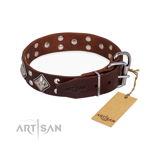 Leather dog collar with fashionable corrosion resistant decorations