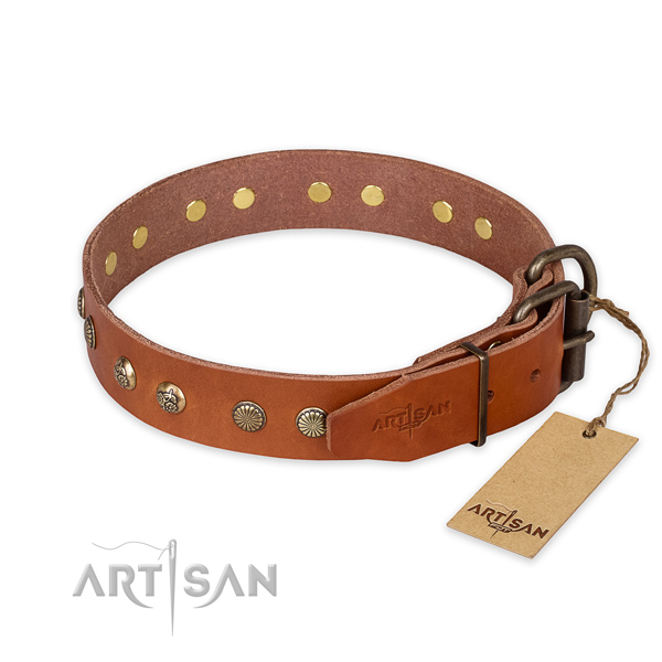 Durable traditional buckle on natural genuine leather collar for your impressive canine
