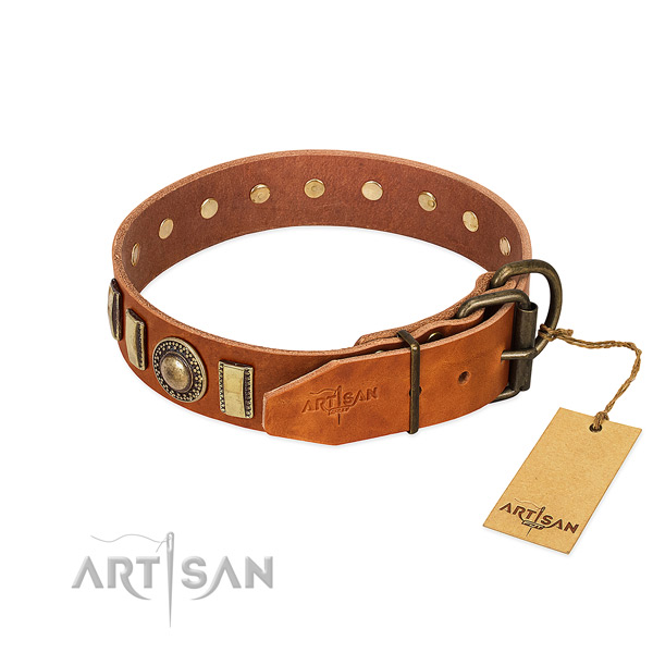 Exquisite natural leather dog collar with corrosion proof D-ring