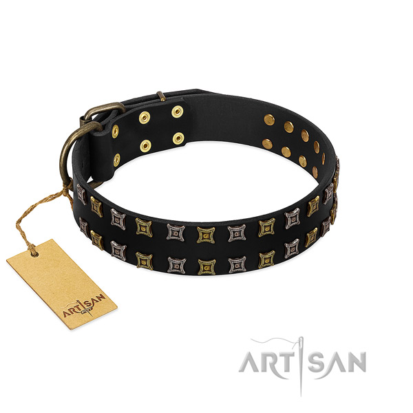 Soft to touch natural leather dog collar with decorations for your canine